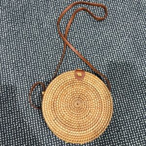 Handwoven Round Rattan Bag Shoulder Leather Straps